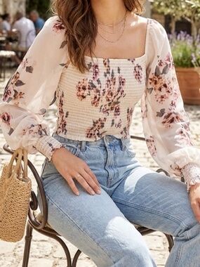 Dynamite Floral Smocked Blouse | Sheer Balloon Sleeve Top - Size Small